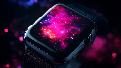 Smartwatch screen displays vivid pink cosmic nebula scene.