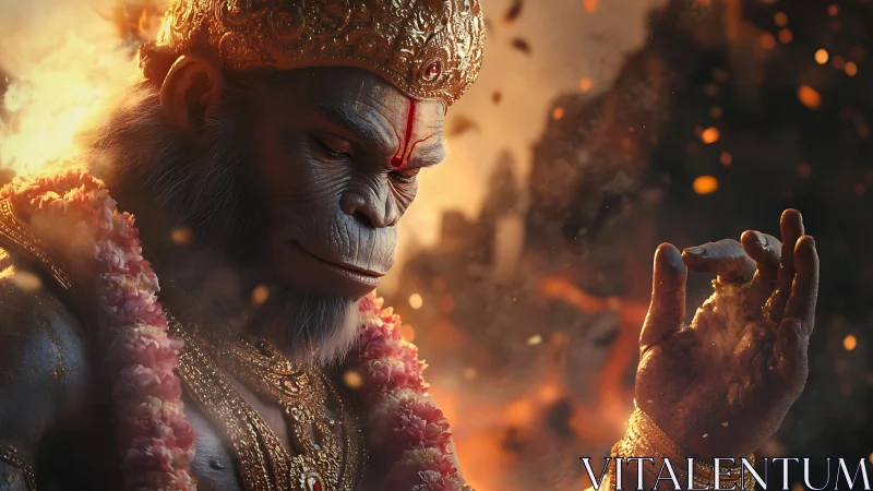 Firelit monkey warrior in divine garlands of quiet power.