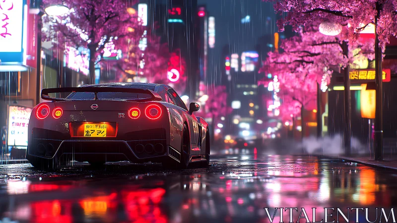 Sports car waits in neon‑lit rainy street under cherry trees