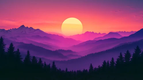 Neon dusk folds mountain horizons into dreamy layered waves