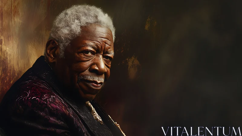 Silver-crowned elder in ember light holds a quiet legend.