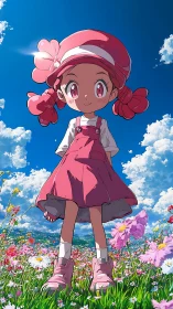 Anime girl in pink standing in bright wildflower field.