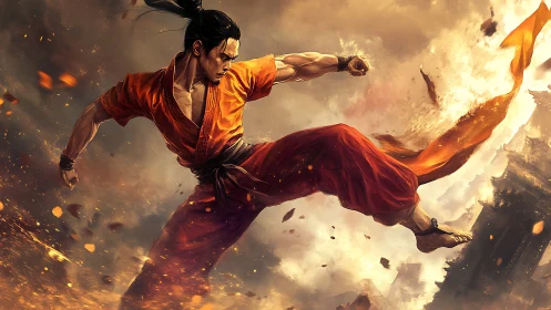 Fiery martial artist unleashes midair kick in golden storm.