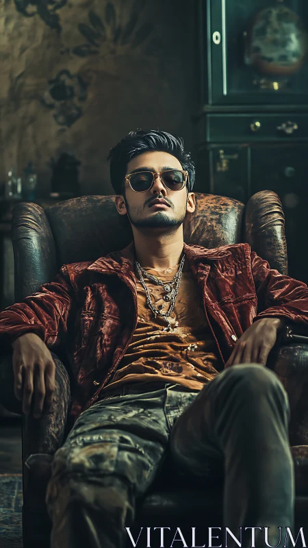 Man sits in leather armchair wearing sunglasses and layered chains