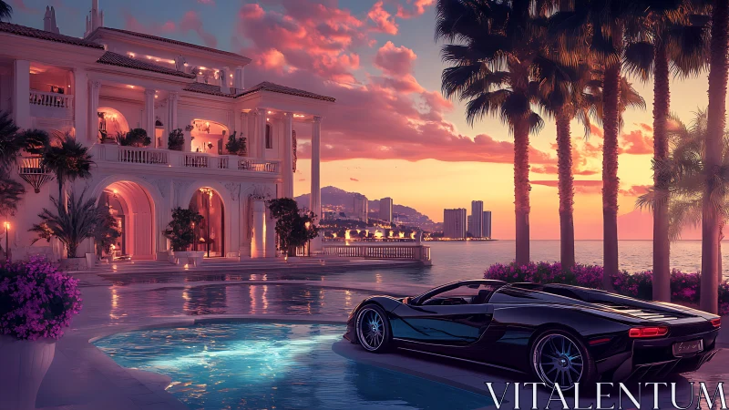 Luxury villa with sports car beside coastal pool at sunset