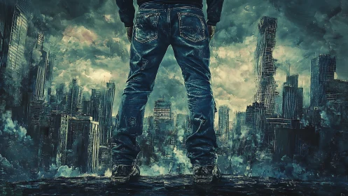 Solitary figure confronting storm-lit post-apocalyptic cityscape.