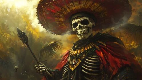 Smiling skeletal shaman under a grand ember-red sombrero.