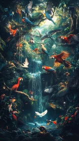 Colorful parrots circling a glowing rainforest waterfall.