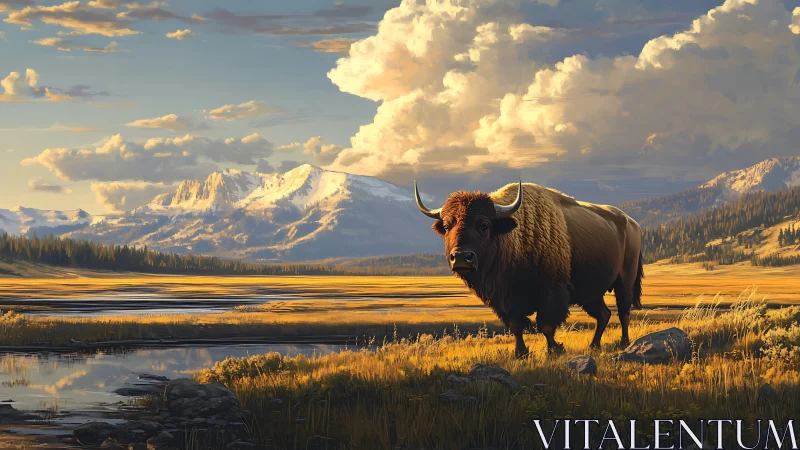 Golden plains bison under towering mountain clouds.