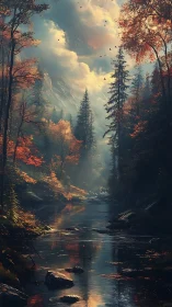 Autumn forest river reflects trees under dramatic sky