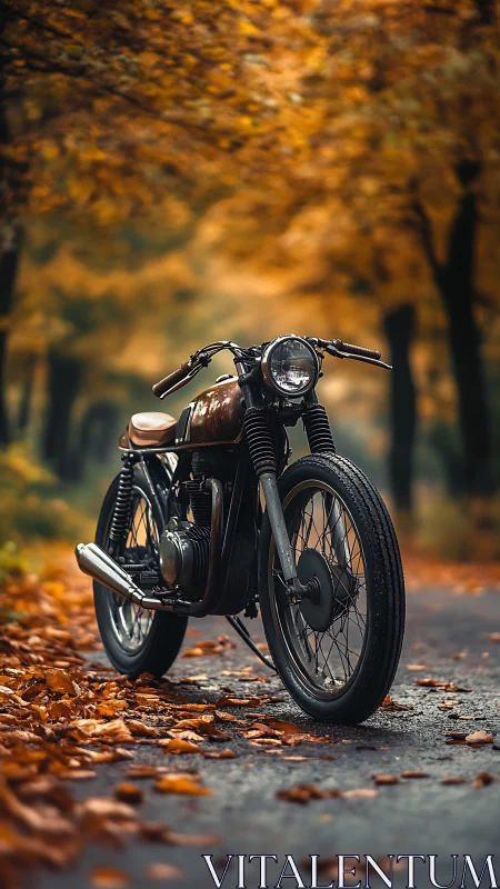 Vintage cafe racer motorcycle on autumn forest roadway.