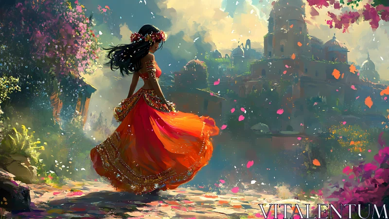 Kinetic chromatic dancer before sunlit palace structures.