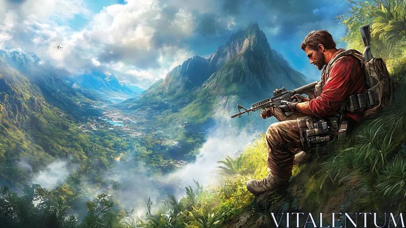 Lone jungle warrior broods above mist-choked valley cliffs.