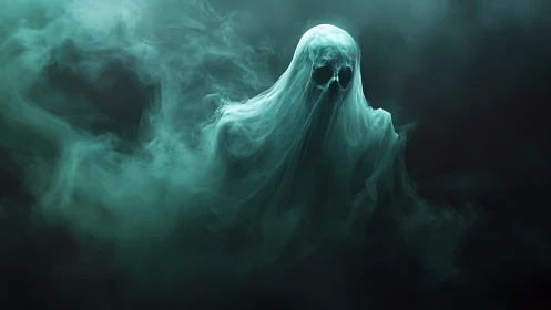 Ethereal ghostly wraith emerging from teal spectral mist.