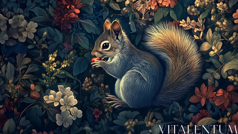 Squirrel with berry nestled in ornate twilight florals.