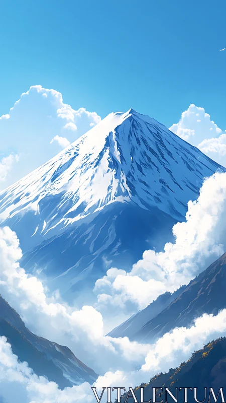 Snowcapped peak rising above bright cloud sea at noon.