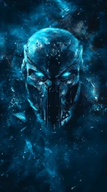 Metallic helmeted figure with glowing eyes in blue vapor field