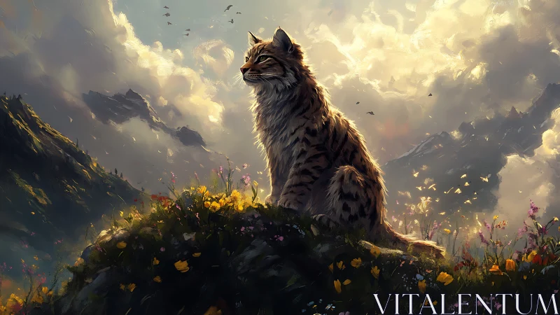 Digital painting of wild lynx on alpine ridge with luminous clouds.