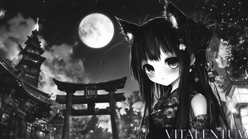 Moonlit fox-eared girl gazes softly over a tranquil shrine