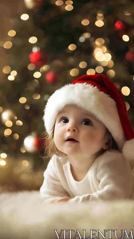 Photographic portrait of baby in Christmas bokeh setting.
