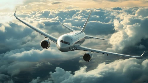 Twin‑engine narrow‑body airliner cruising above stratocumulus cloudfield
