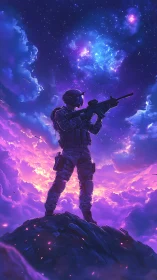 Astronautic infantry silhouette against nebular twilight sky.