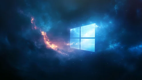 Windows-style lighted window logo in deep blue nebula.