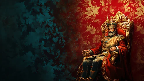 Regal king seated on ornate golden throne in red hall.