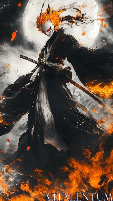 Skull masked swordsman rises before full moon through fire