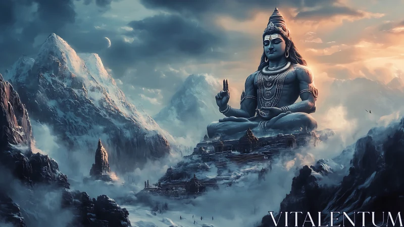 Colossal Shiva statue dominates icy Himalayan valley under stormlit sky