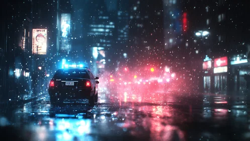 Police car idles on wet city street under heavy night rain