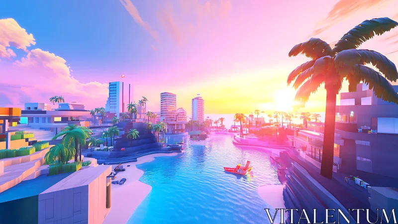 Neon tropical city waterfront at sunset rendered in 3D voxel style architecture.