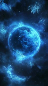 Plasma-illuminated exoplanet within turbulent blue nebular field.