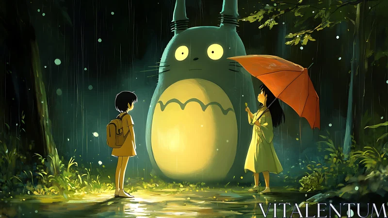 Rainy forest meeting with a gentle glowing forest spirit.