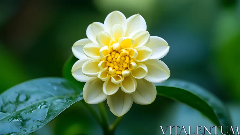 Cream Dahlia Blossom with Golden Center and Verdant Foliage