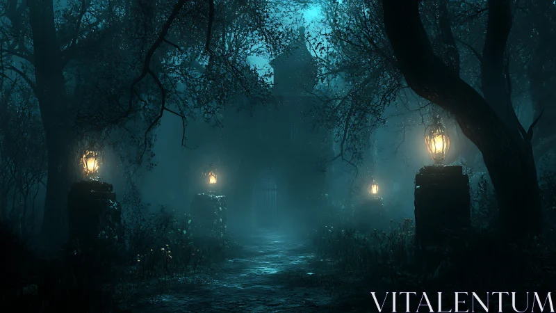 Foggy forest manor glows under eerie blue moonlight