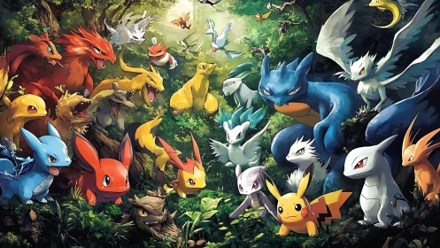 Elemental forest standoff of vivid battling creatures.