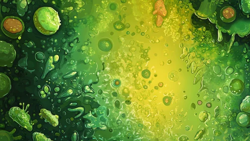 Lively green microcosm swirling in soft golden light.