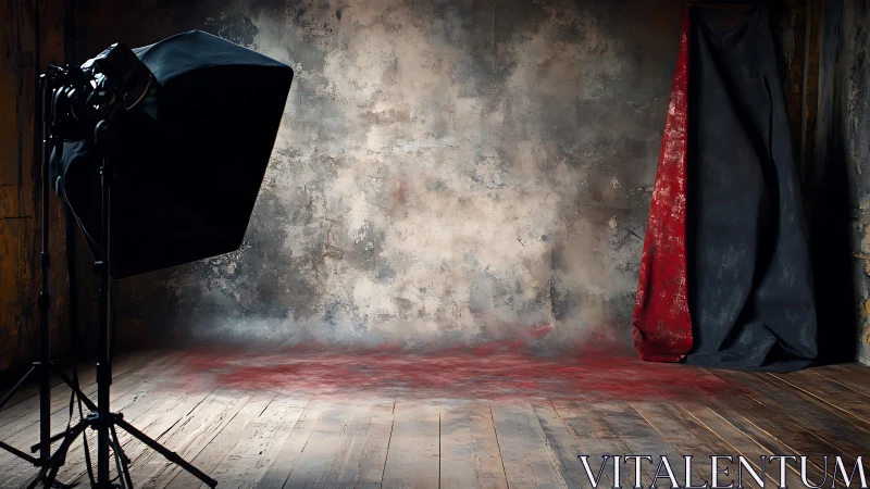 Studio backdrop with light setup and draped red-black fabric.