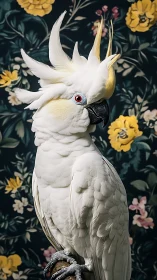 White cockatoo portrait against dark floral backdrop.