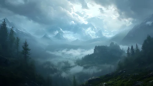 Mist-laden alpine valley beneath brooding storm clouds.
