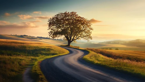 Sunlit country road curves toward a solitary tree at dusk.