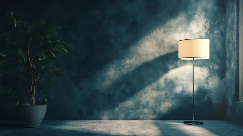 Minimalist corner lamp casts soft light across blue wall.