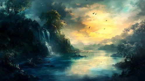 Luminescent river valley with waterfalls at atmospheric dawn