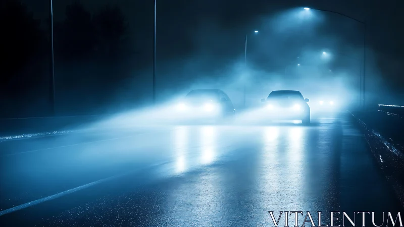 Cars on wet night road with bright headlights and fog.