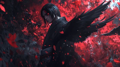Dark winged anime figure stands amid red falling petals