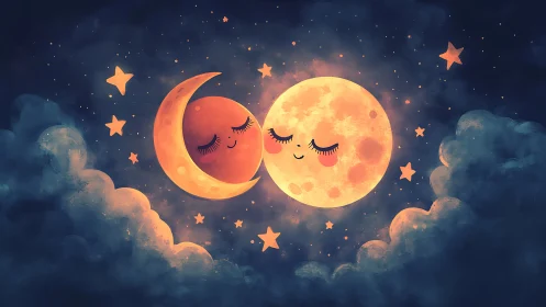 Moon and Crescent Share Dreamy Nighttime Embrace