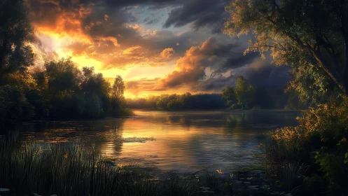 Luminous sunset over tranquil forest lake with rich clouds.