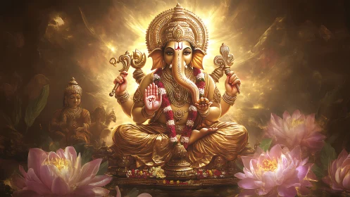 Radiant multi-armed Ganesh idol in golden luminous mandala field.