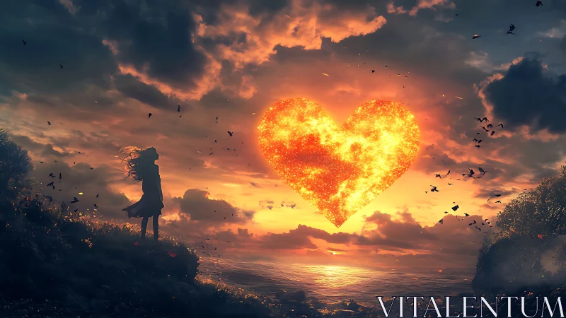 Solitary Figure Gazes at Flaming Heart Sky.